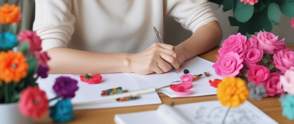 woman sat down writing with felt flowers on desk