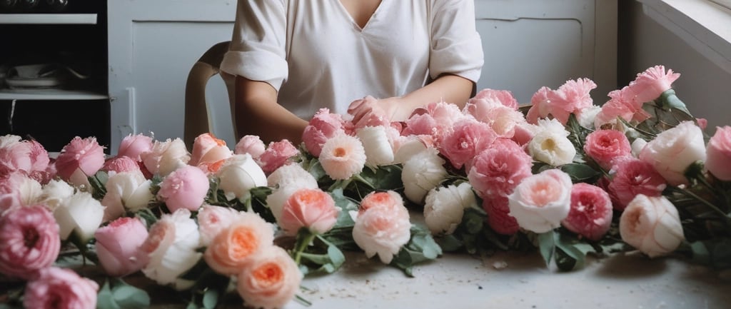 woman sat down with large selection of her plaster dipped flowers