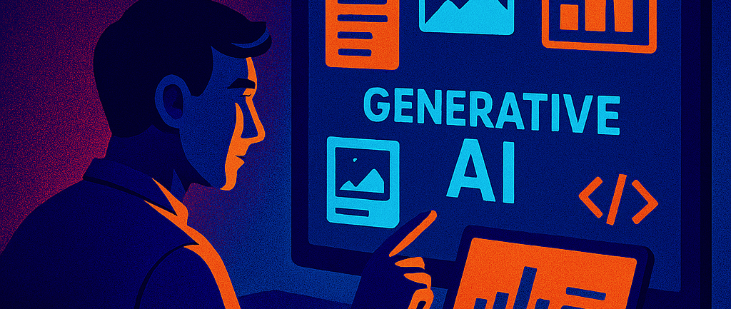 Persona trabajando con herramientas de IA generativa mientras produce resultados prácticos.