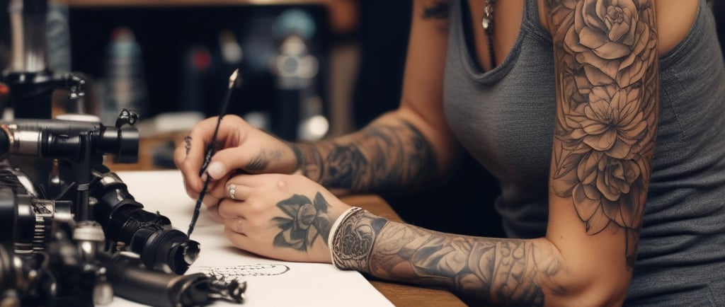woman with black flower tattoo writing in notepad