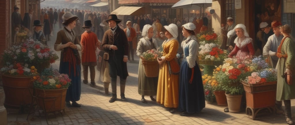 19th century flower market scene