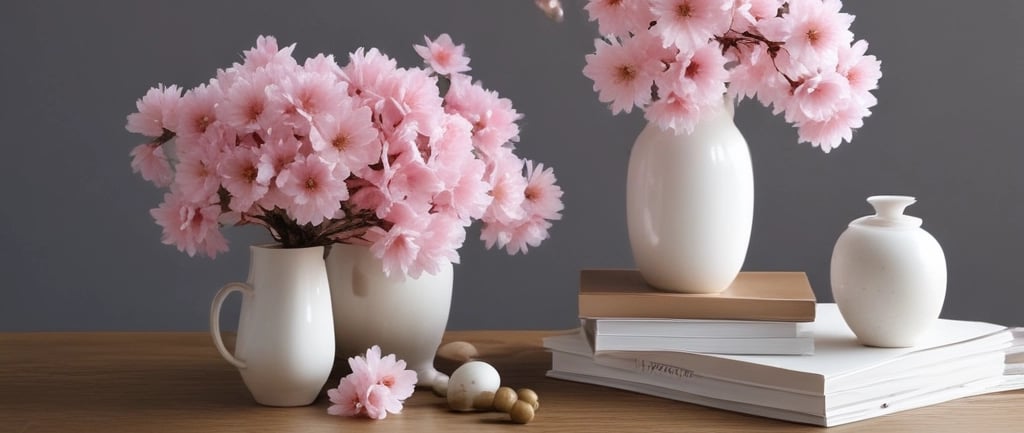 artificial pink cherry blossoms in white plant ceramic pots 
