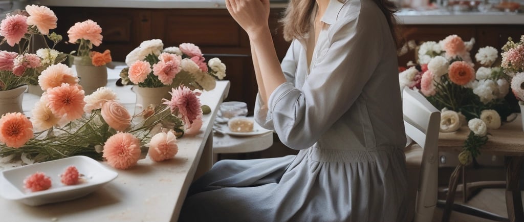 woman sat down with her plaster dipped flowers