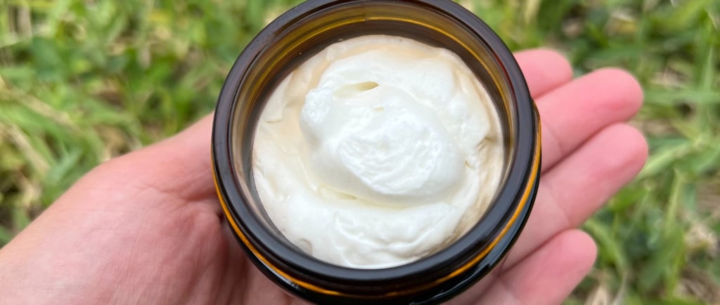 Whipped tallow cream freshly prepared in amber glass jar, eco-freindly skincare handmade by Vacaluna
