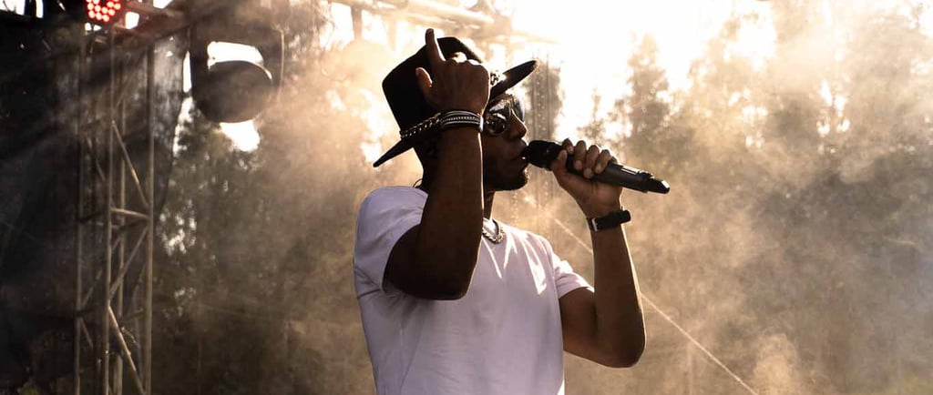 Fotografía de concierto en el atardecer de cantante con estilo