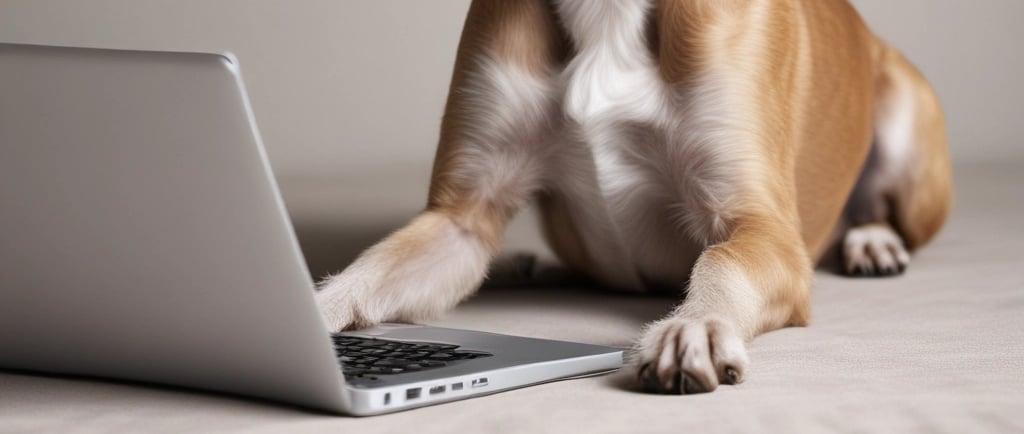 happy dog searching on laptop