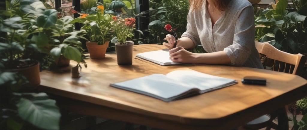 woman sat down in garden conservatory