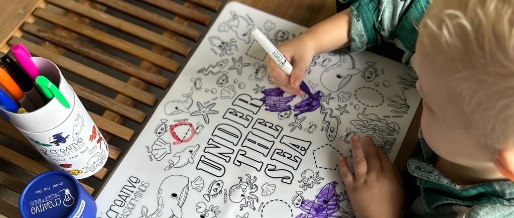 Non-toxic markers, eraser cloths, and storage tubes included with Scribbly Kids reusable drawing mat