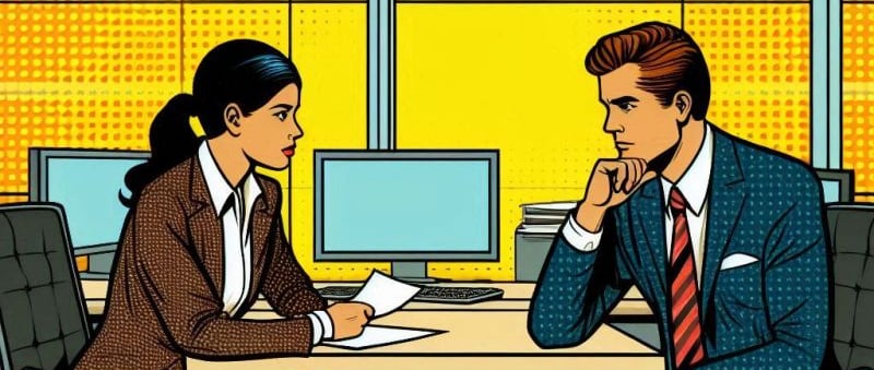 a man and woman in business suits sitting at a desk