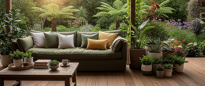 Deck de madeira com sofá acolchoado, rodeado por plantas em vasos e jardim verdejante.