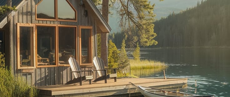 a vacation rental with a boat on a lake and mountains in the back