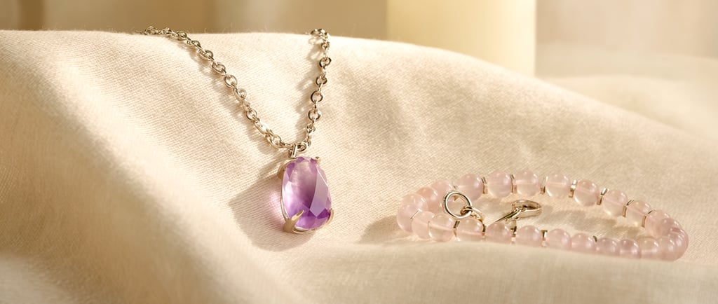 Eleganter Schmuck mit Amethyst und Rosenquarz auf natürlichem Hintergrund, Symbol für Heilung und Gesundheit.