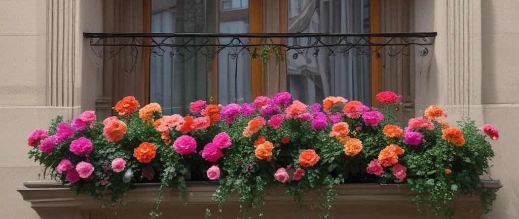 colorful flowers in window box on Paris street