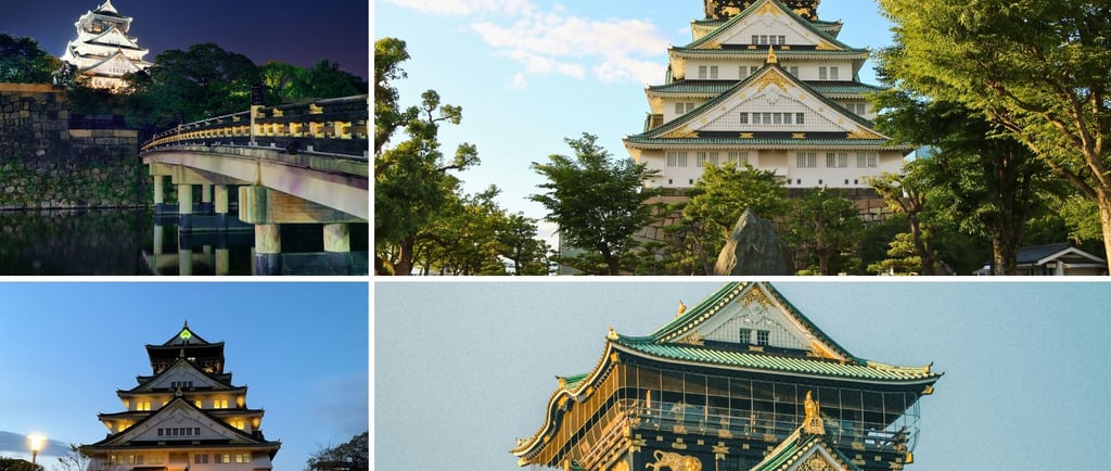 Castelo de Osaka em destaque, com vistas deslumbrantes durante o dia e à noite