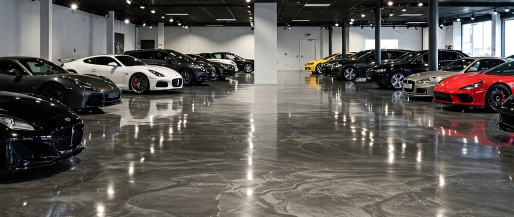 High quality luxury car dealer with metallic epoxy flooring by the epoxy and beyond