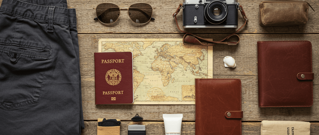 image of comfortable hiking pants, passports, camaras, sunglasses and map