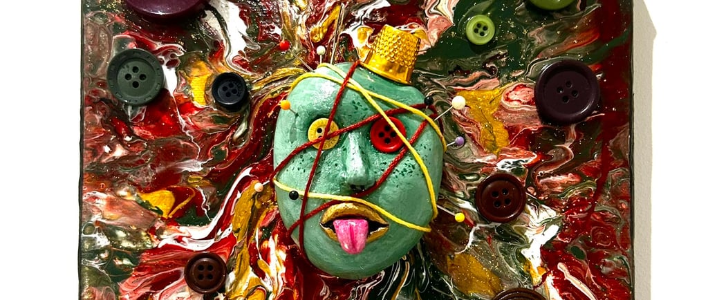 a painting of a face with buttons and buttons