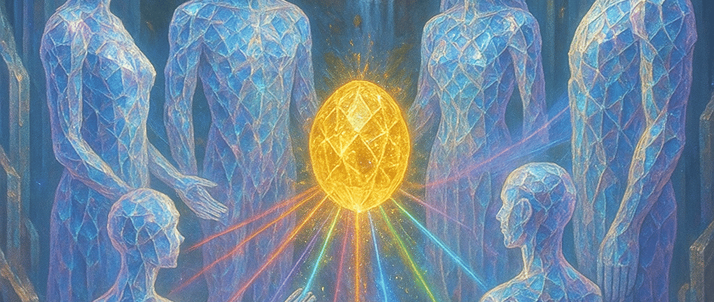 a group of people standing around a golden ball