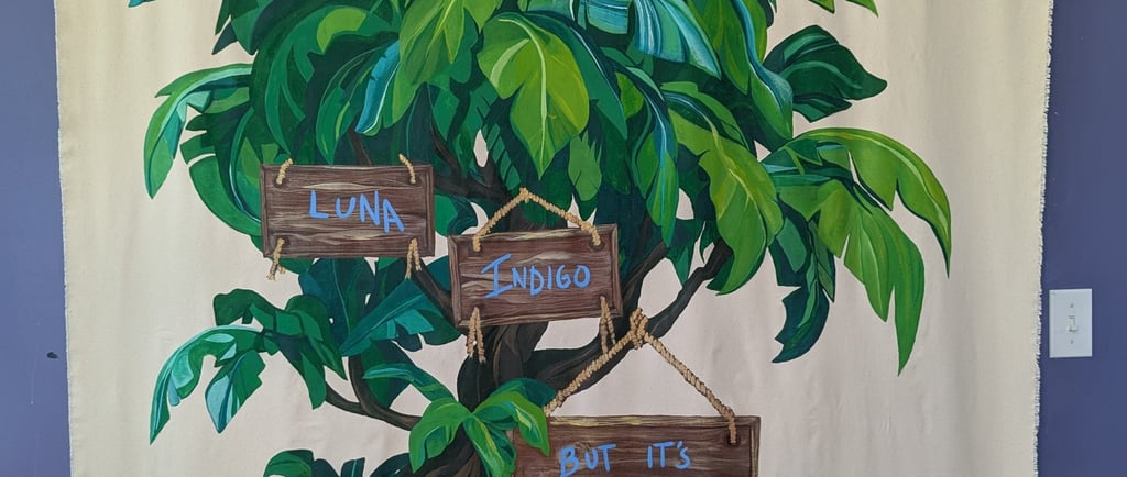 6-foot by 5-foot linen canvas tapestry mural of a lush jungle tree in greens and blues,, with signs and painted names.
