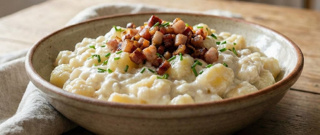 Plato de bryndzové halušky eslovacos servidos en un cuenco rústico, con queso de oveja, bacon