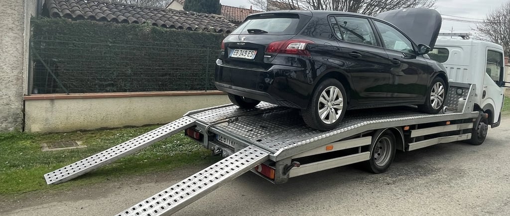 a car being towed down a street in a driveway