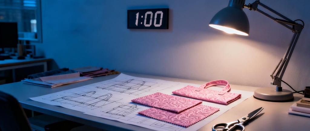 A design desk is lit late at night, with a clock pointing to 1:00 AM, symbolizing relentless effort.