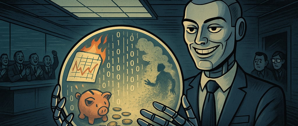 image of a robot in a suit and tie observing a sphere with economic data