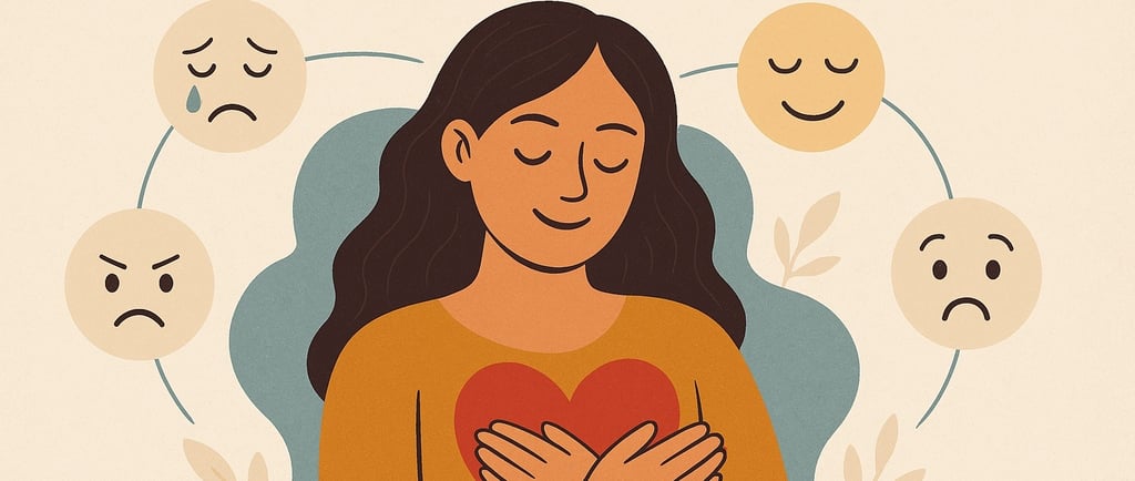 a woman holding a heart in front of a circle of emoticions