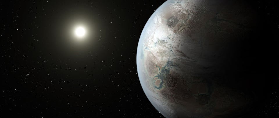 Ilustração artística do exoplaneta Kepler-452b orbitando sua estrela.