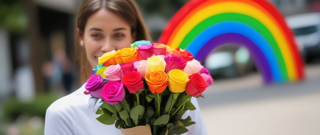 woman delivering rainbow roses bouquet