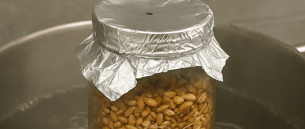 Glass jar of grain with foil lid sitting in a pot of boiling water, showing a low-tech method to ste