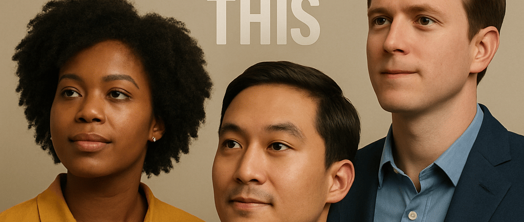 a man and woman standing in front of a poster