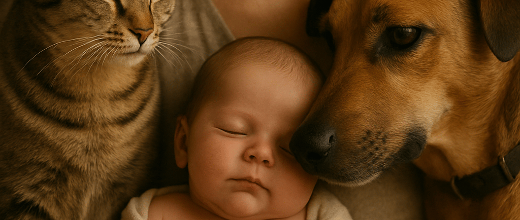 a woman holding a baby and a cat and a dog