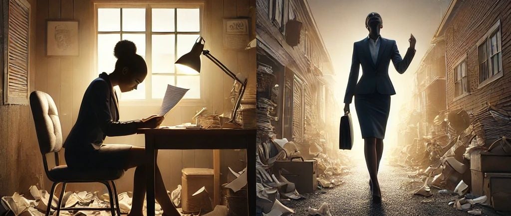 a woman in a suit and a man in a suit