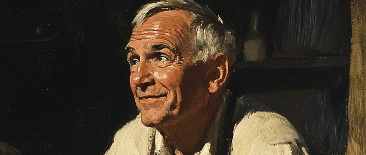 a painting of a man sitting on a chair
