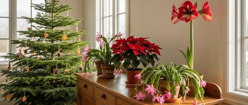 Decoración navideña natural con Flor de Pascua, Cactus de Navidad y otras plantas duraderas