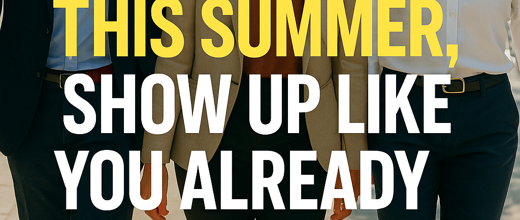 three people walking down a sidewalk with the words, this summer show up like you