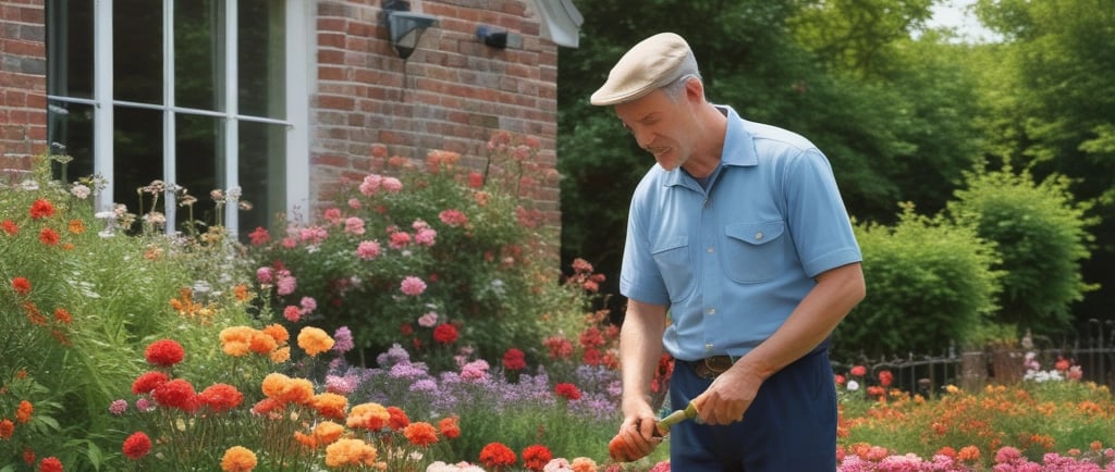 gardener in garden with dog
