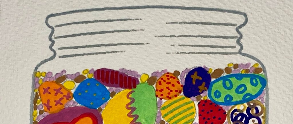 Painting of a jar of stones, sand and pebbles, painted with colourful patterns. by Emily Fewtrell