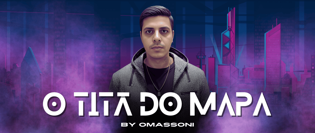 a man in a black hoodie and a purple background with a city skyline