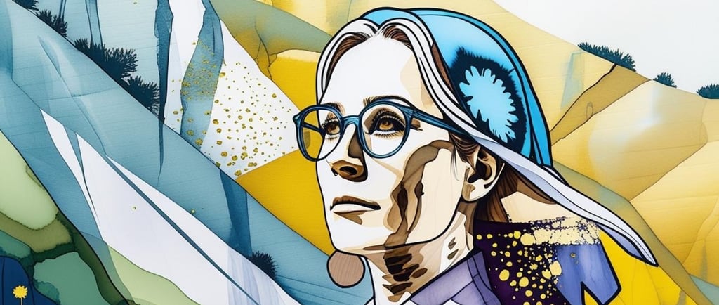 a woman wearing glass in a stylised hillside