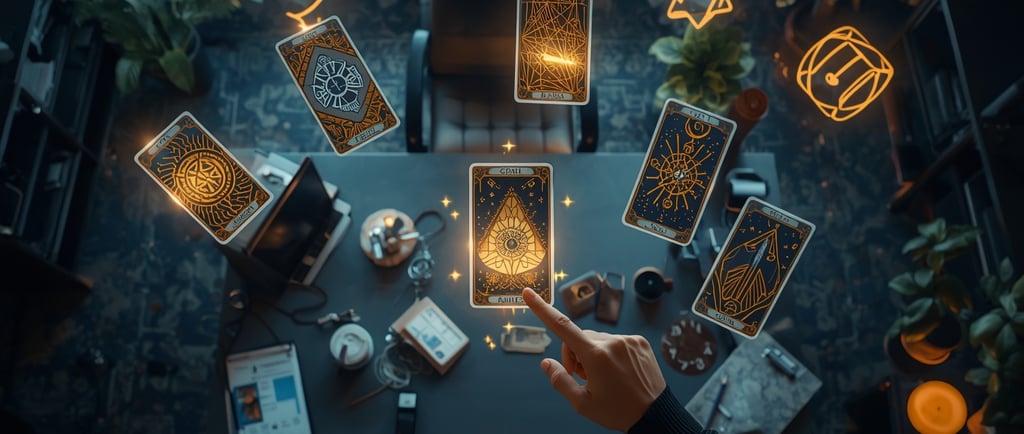 uma pessoa segurando um telefone e apontando para uma mesa com muitos cartões