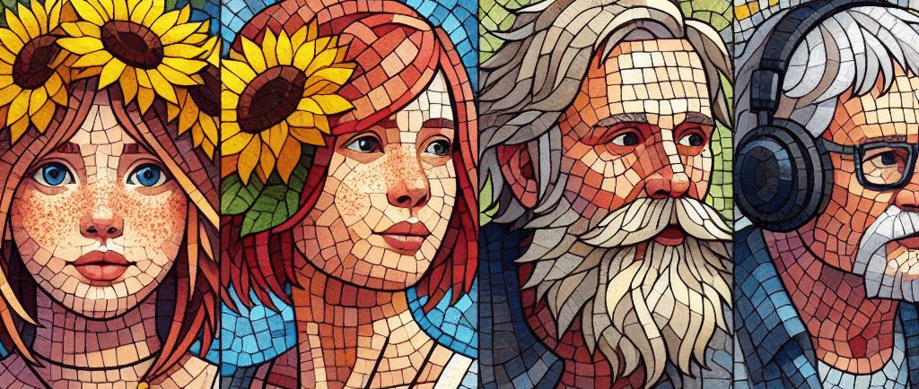 A divided panel of four different people pictured in a colourful mosaic form