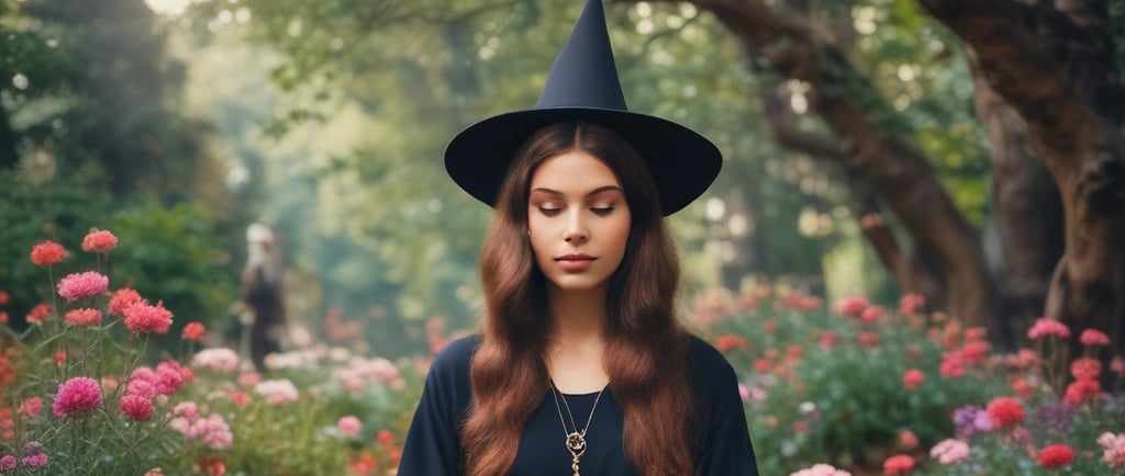 young witch meditating in beautiful flower garden