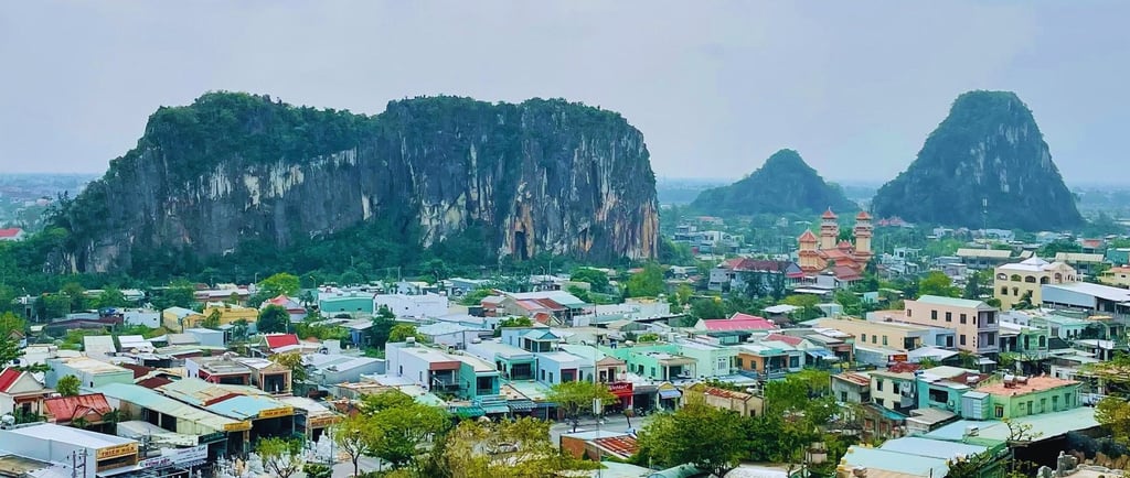 View of Marble Mountains and surrounding village in Da Nang, Vietnam