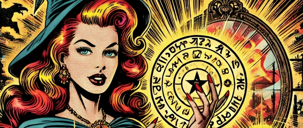 a woman in a witch's hat and a book