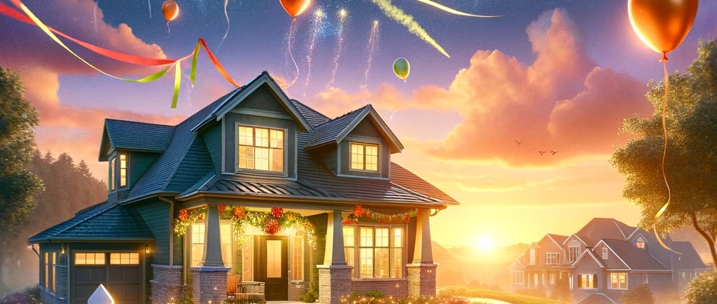 a house with balloons and balloons in the foreground