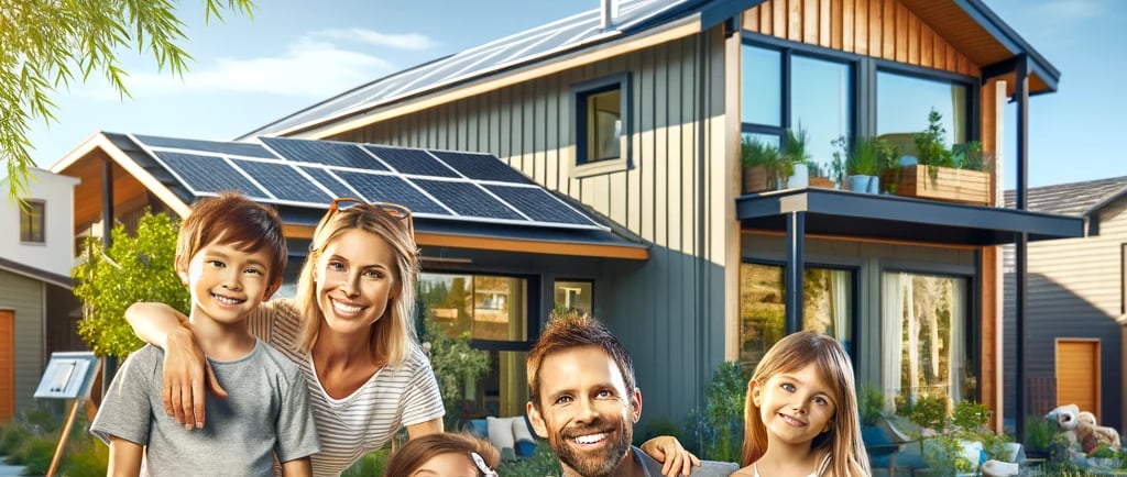 a family posing for a photo in front of a house
