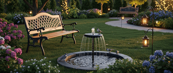 Banco de jardim com fonte e pássaros em cenário ao ar livre iluminado.