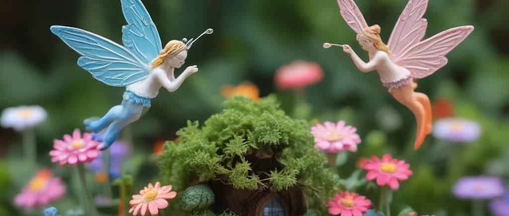 fairies hovering over fairy garden flowers